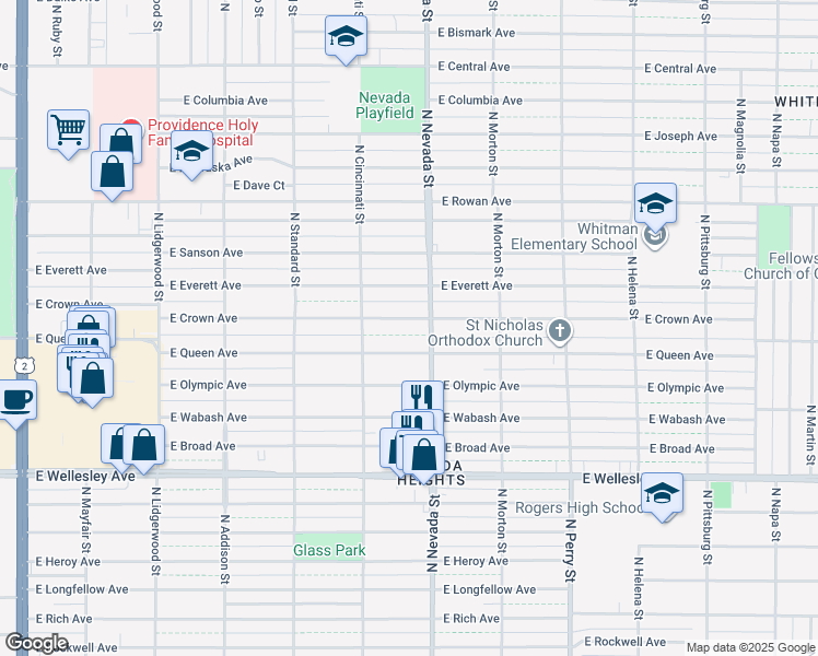 map of restaurants, bars, coffee shops, grocery stores, and more near 912 East Crown Avenue in Spokane