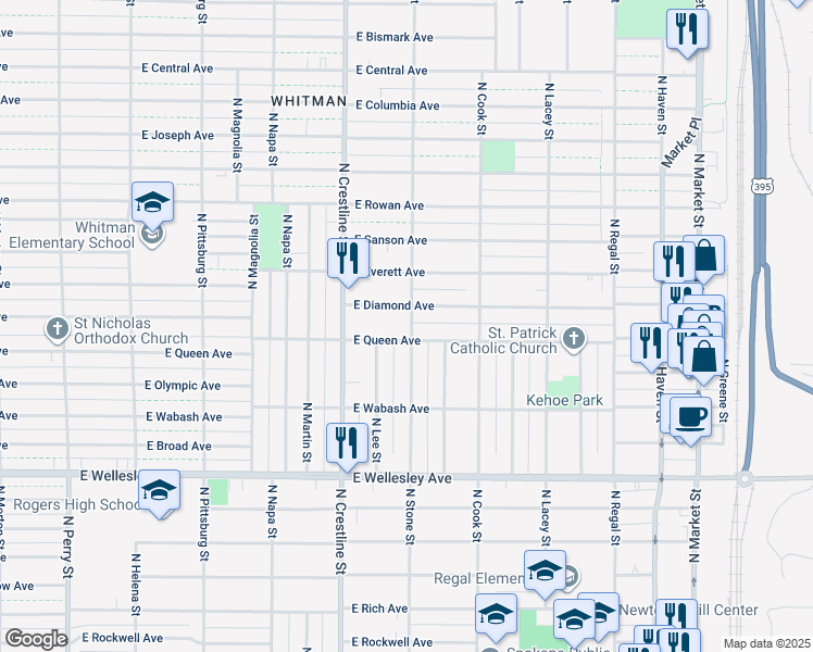 map of restaurants, bars, coffee shops, grocery stores, and more near 5111 North Stone Street in Spokane