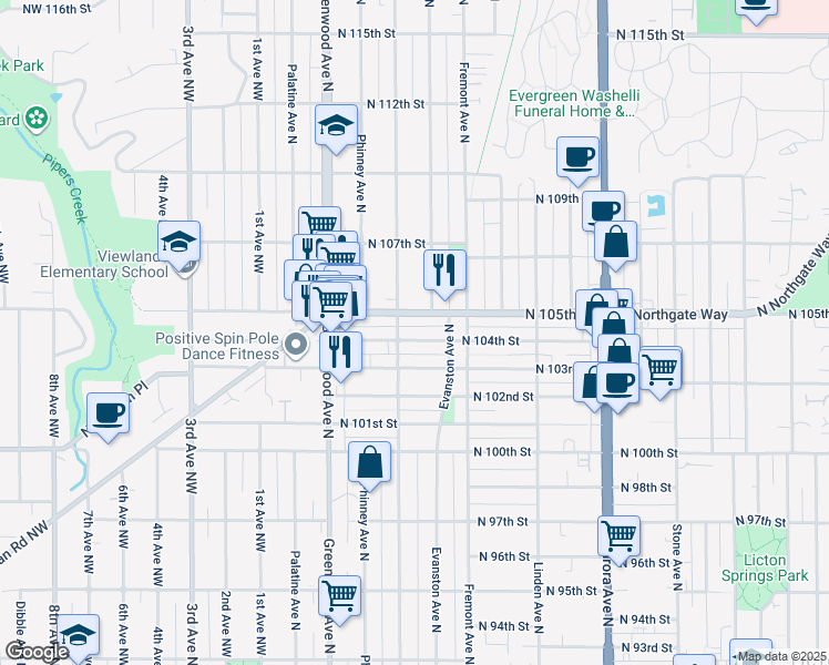 map of restaurants, bars, coffee shops, grocery stores, and more near 512 North 104th Street in Seattle
