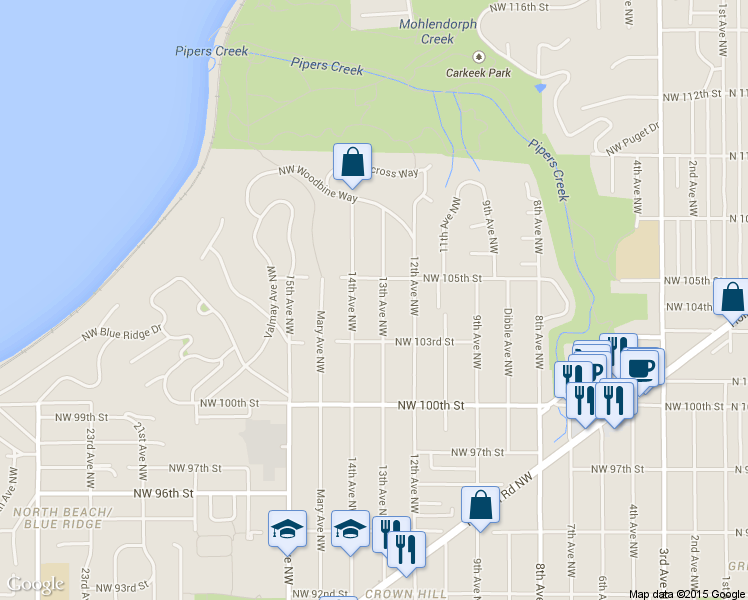map of restaurants, bars, coffee shops, grocery stores, and more near 10339 13th Avenue Northwest in Seattle