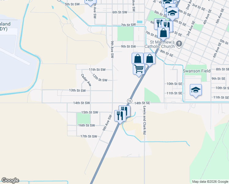 map of restaurants, bars, coffee shops, grocery stores, and more near 1304 9th Avenue Southwest in Sidney