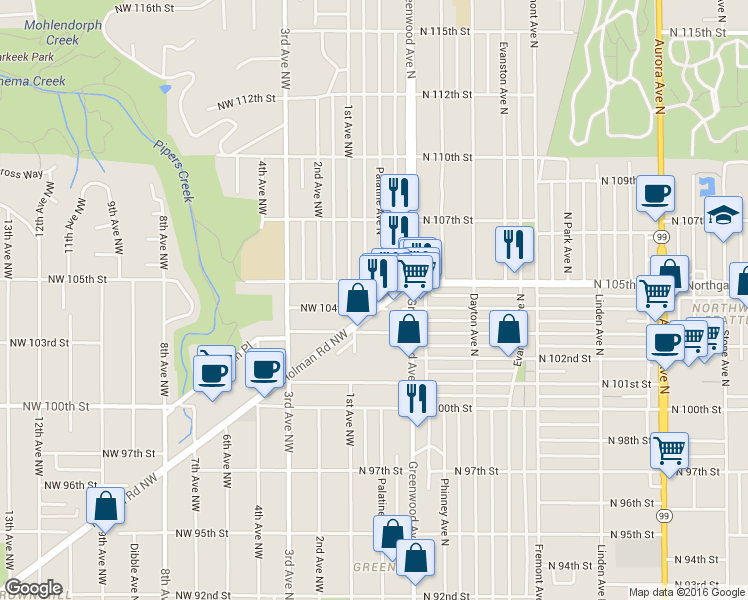 map of restaurants, bars, coffee shops, grocery stores, and more near 10401 Holman Road North in Seattle