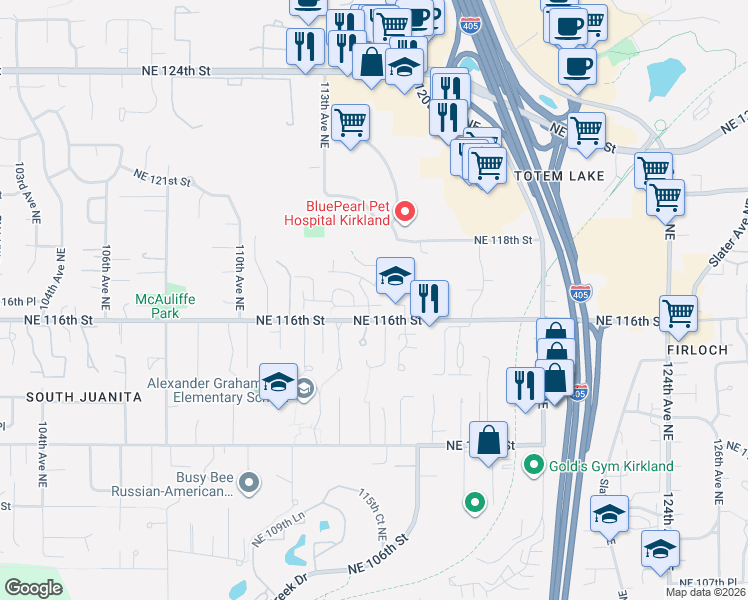 map of restaurants, bars, coffee shops, grocery stores, and more near 11622 114th Drive Northeast in Kirkland