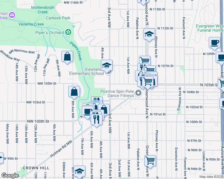 map of restaurants, bars, coffee shops, grocery stores, and more near in Seattle