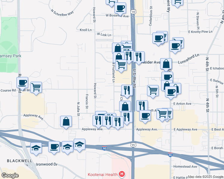map of restaurants, bars, coffee shops, grocery stores, and more near 3003 North Fruitland Lane in Coeur d'Alene