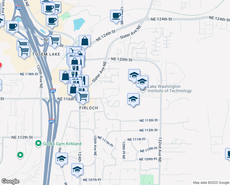map of restaurants, bars, coffee shops, grocery stores, and more near 12744 Northeast 116th Lane in Kirkland