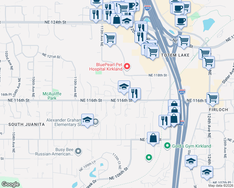 map of restaurants, bars, coffee shops, grocery stores, and more near 11622 114th Drive Northeast in Kirkland