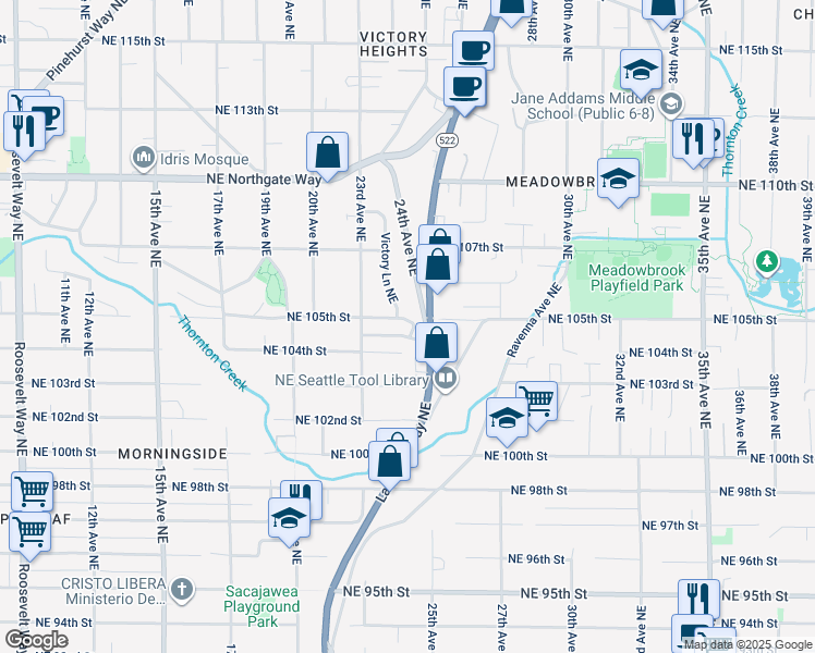 map of restaurants, bars, coffee shops, grocery stores, and more near 2333 Northeast 105th Street in Seattle