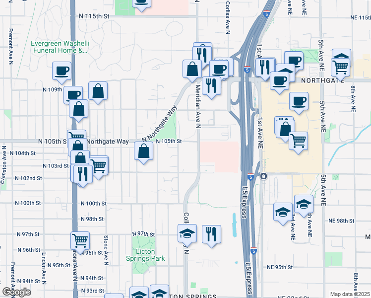 map of restaurants, bars, coffee shops, grocery stores, and more near 10331 Wallingford Avenue North in Seattle