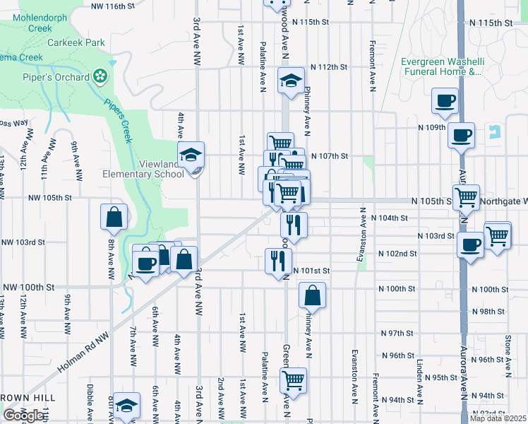 map of restaurants, bars, coffee shops, grocery stores, and more near 10439 Holman Road North in Seattle