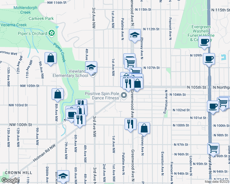 map of restaurants, bars, coffee shops, grocery stores, and more near 100 North 104th Street in Seattle