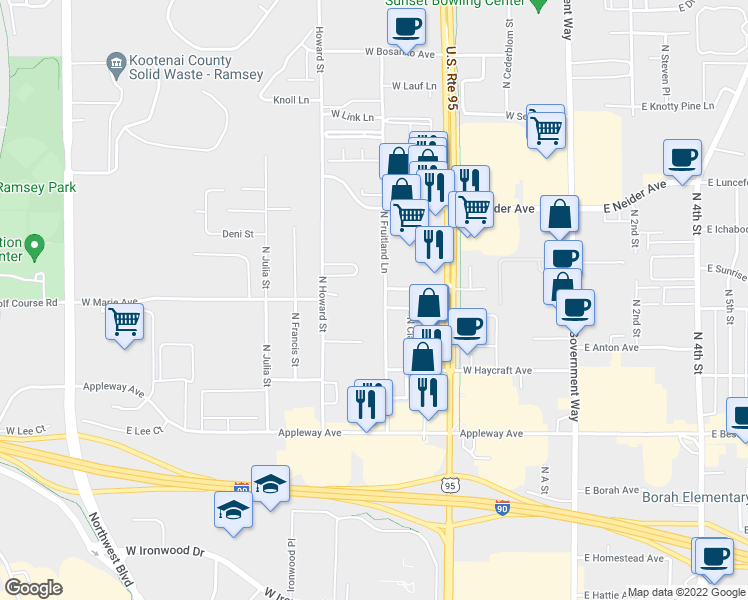 map of restaurants, bars, coffee shops, grocery stores, and more near 3003 North Fruitland Lane in Coeur d'Alene