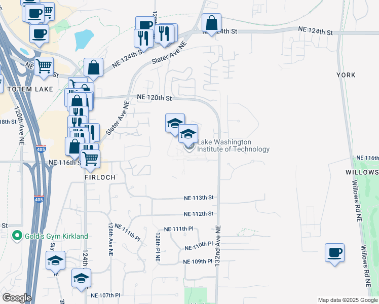 map of restaurants, bars, coffee shops, grocery stores, and more near 11605 132nd Avenue Northeast in Kirkland