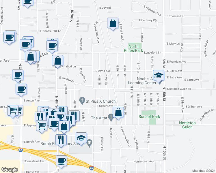 map of restaurants, bars, coffee shops, grocery stores, and more near 3104 North 9th Street in Coeur d'Alene