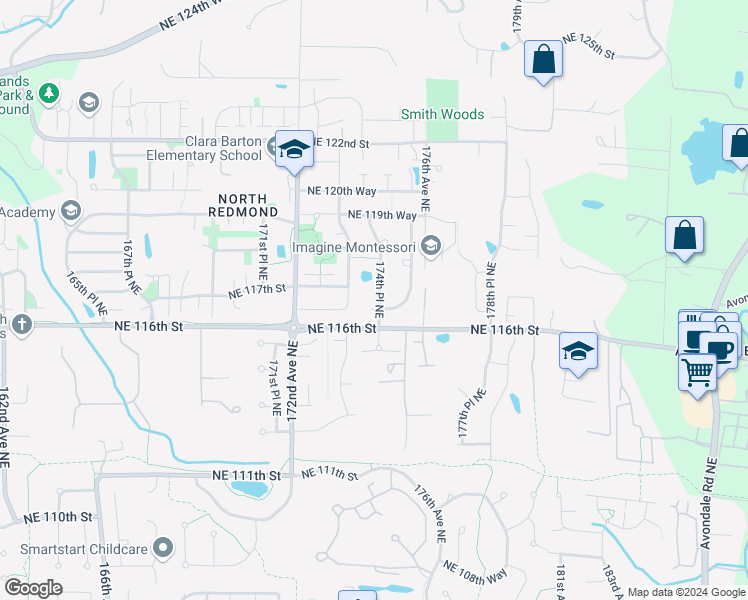map of restaurants, bars, coffee shops, grocery stores, and more near 11629 174th Place Northeast in Redmond