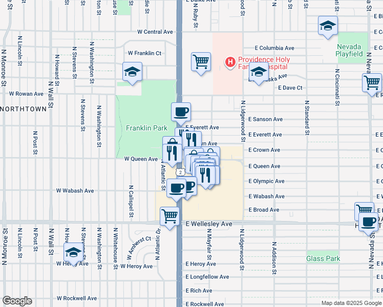 map of restaurants, bars, coffee shops, grocery stores, and more near 41 East Queen Avenue in Spokane