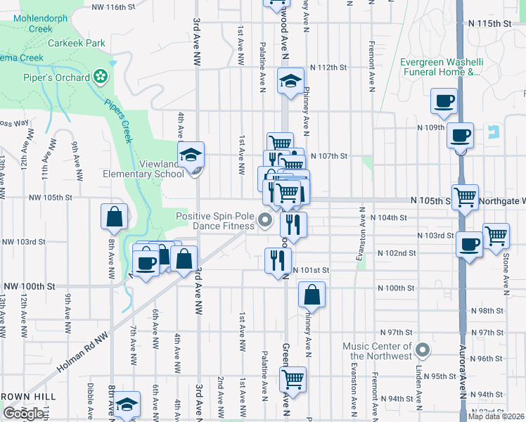 map of restaurants, bars, coffee shops, grocery stores, and more near 10405 Holman Road North in Seattle