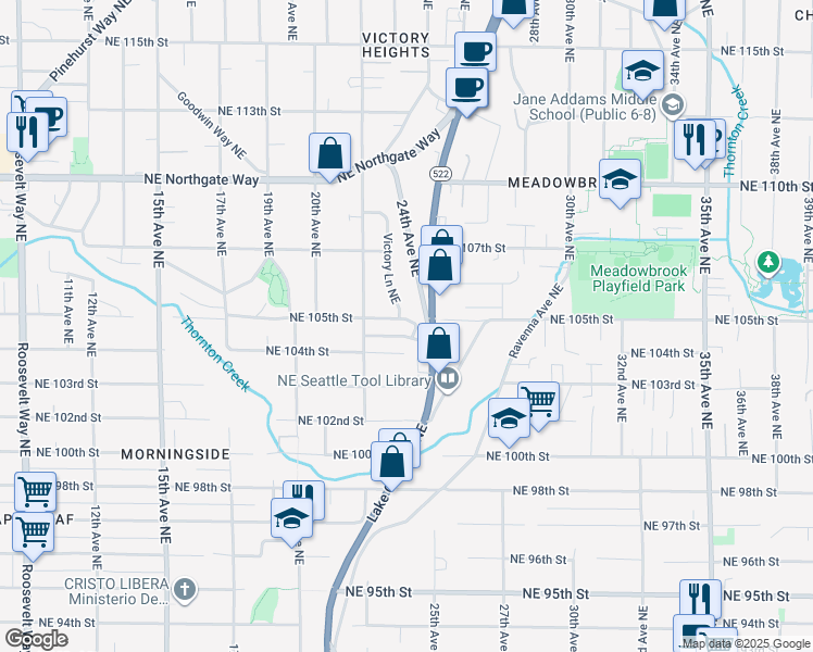 map of restaurants, bars, coffee shops, grocery stores, and more near 2333 Northeast 105th Street in Seattle