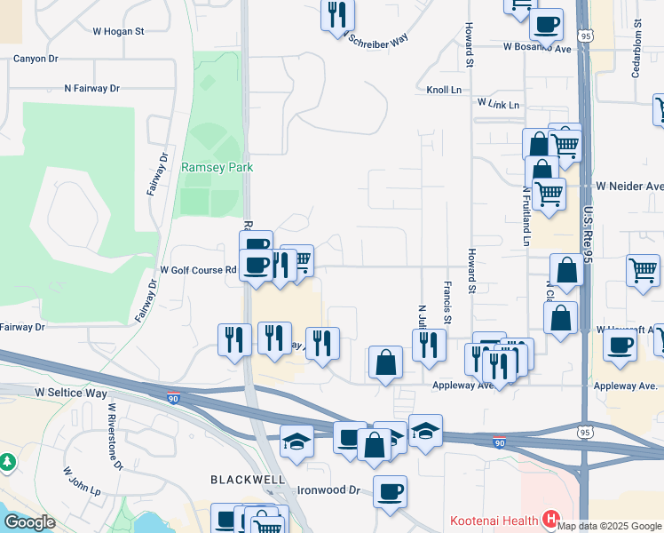 map of restaurants, bars, coffee shops, grocery stores, and more near 1258 West Marie Avenue in Coeur d'Alene