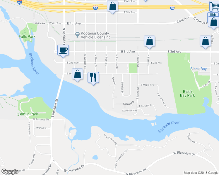 map of restaurants, bars, coffee shops, grocery stores, and more near 500 Whitewater Lane in Post Falls