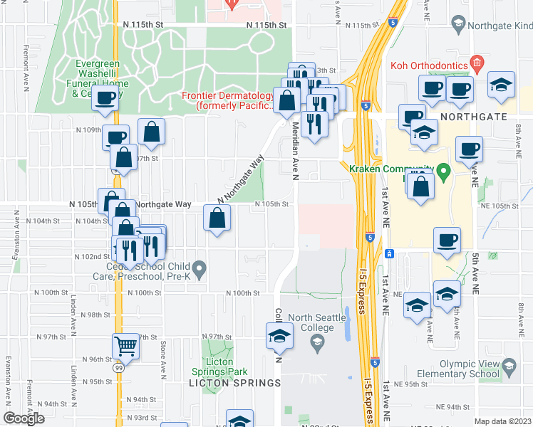 map of restaurants, bars, coffee shops, grocery stores, and more near 10350 Wallingford Avenue North in Seattle