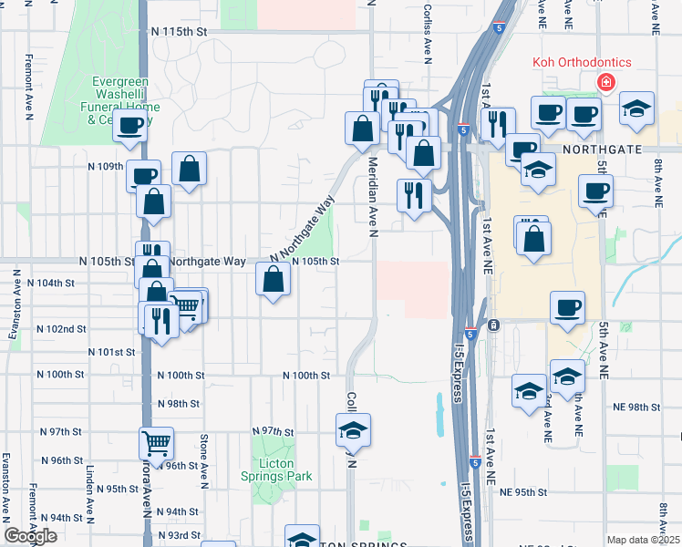 map of restaurants, bars, coffee shops, grocery stores, and more near 10354 Wallingford Avenue North in Seattle