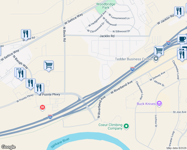 map of restaurants, bars, coffee shops, grocery stores, and more near West Expo Parkway in Post Falls