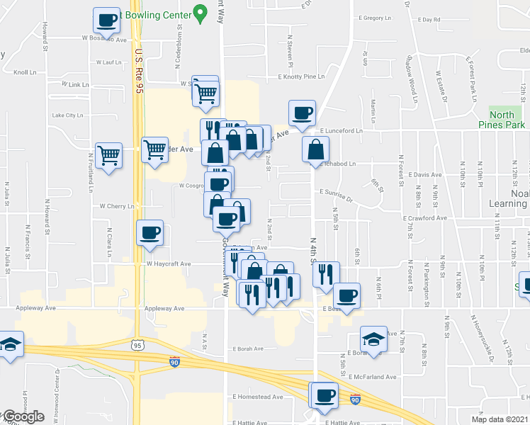map of restaurants, bars, coffee shops, grocery stores, and more near 15 North 2nd Street in Coeur d'Alene