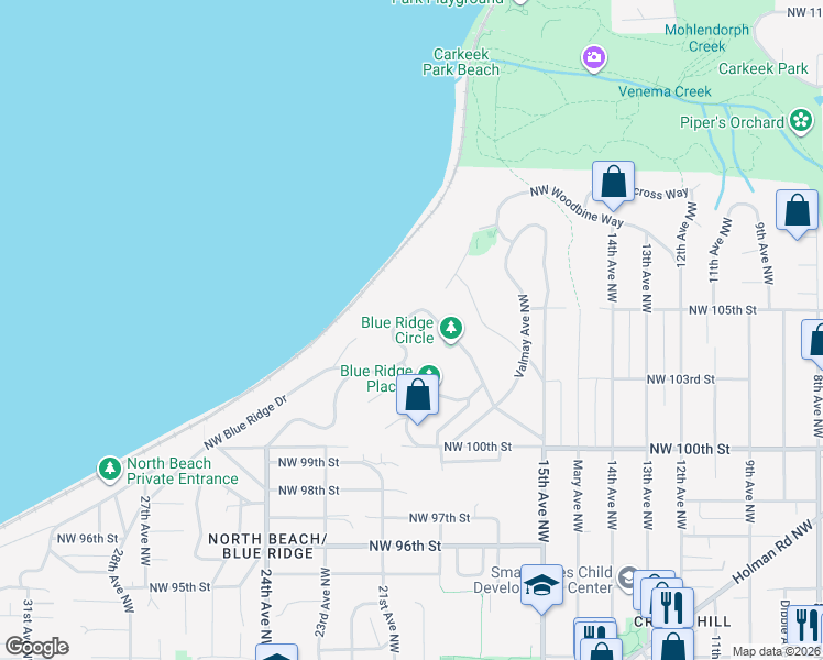 map of restaurants, bars, coffee shops, grocery stores, and more near 1919 Northwest Blue Ridge Drive in Seattle