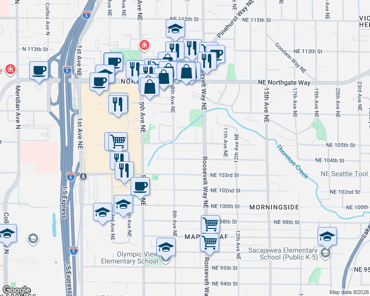 map of restaurants, bars, coffee shops, grocery stores, and more near 831 Northeast 105th Street in Seattle