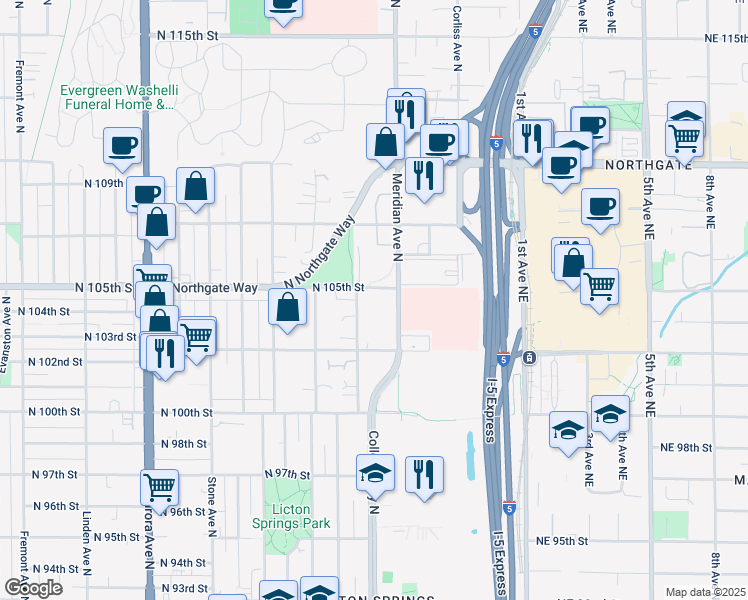 map of restaurants, bars, coffee shops, grocery stores, and more near 10350 Wallingford Avenue North in Seattle