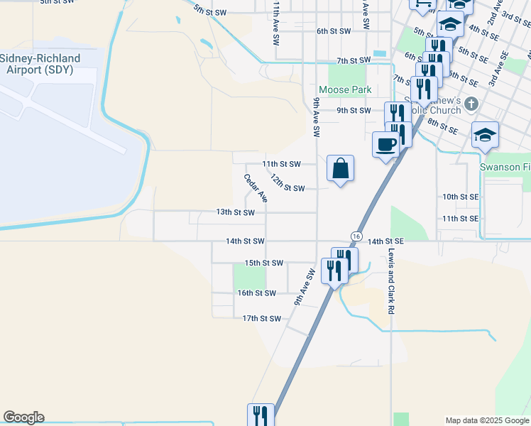 map of restaurants, bars, coffee shops, grocery stores, and more near 1100 13th Street Southwest in Sidney