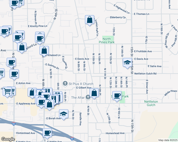 map of restaurants, bars, coffee shops, grocery stores, and more near 3104 North 9th Street in Coeur d'Alene