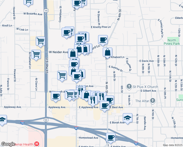 map of restaurants, bars, coffee shops, grocery stores, and more near 15 North 2nd Street in Coeur d'Alene