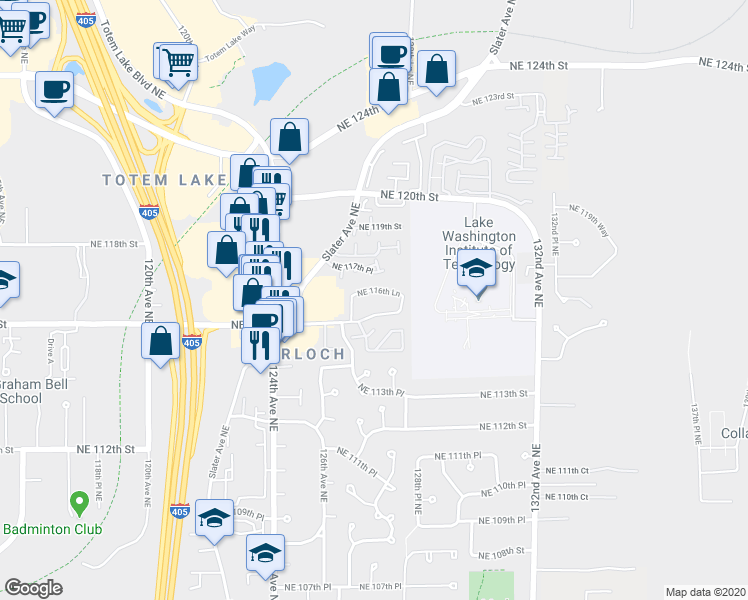 map of restaurants, bars, coffee shops, grocery stores, and more near 11616 127th Lane Northeast in Kirkland