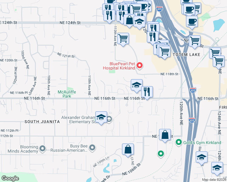 map of restaurants, bars, coffee shops, grocery stores, and more near 11215 Northeast 116th Place in Kirkland