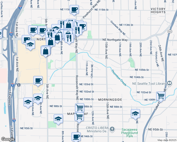 map of restaurants, bars, coffee shops, grocery stores, and more near 10416 11th Avenue Northeast in Seattle