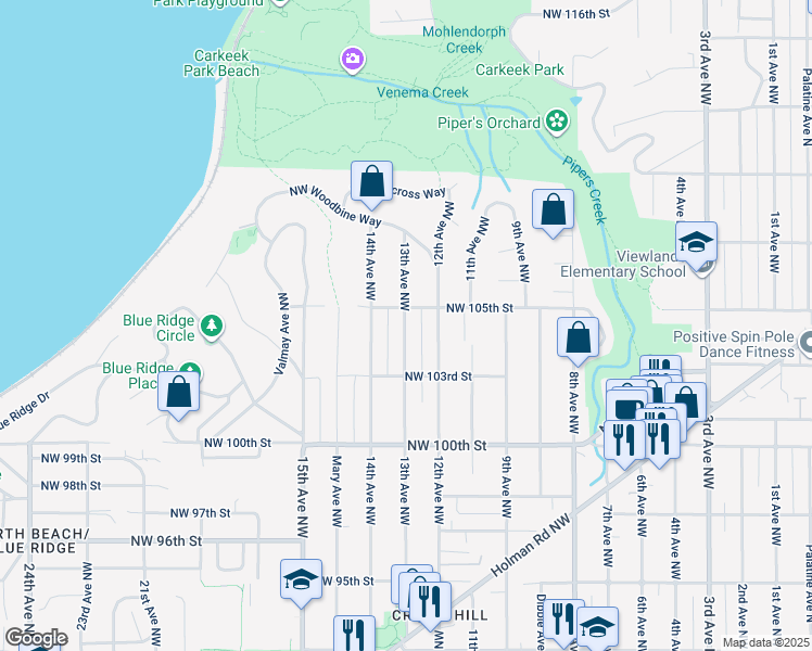 map of restaurants, bars, coffee shops, grocery stores, and more near 10339 13th Avenue Northwest in Seattle