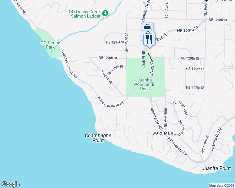 map of restaurants, bars, coffee shops, grocery stores, and more near 11611 73rd Place Northeast in Kirkland