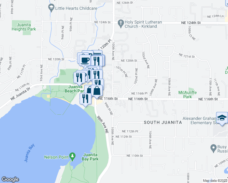 map of restaurants, bars, coffee shops, grocery stores, and more near 11642 100th Avenue Northeast in Kirkland