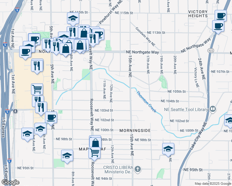 map of restaurants, bars, coffee shops, grocery stores, and more near 1215 Northeast 105th Street in Seattle