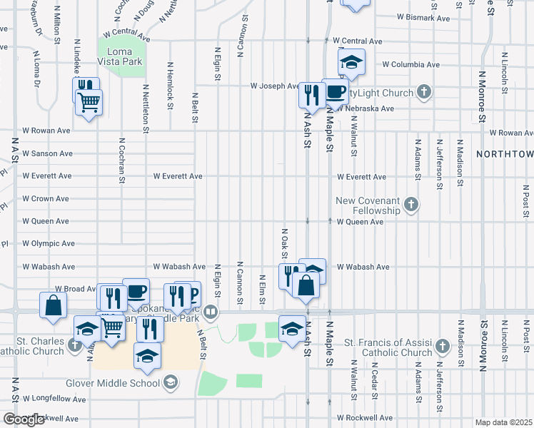 map of restaurants, bars, coffee shops, grocery stores, and more near 5103 North Elm Street in Spokane