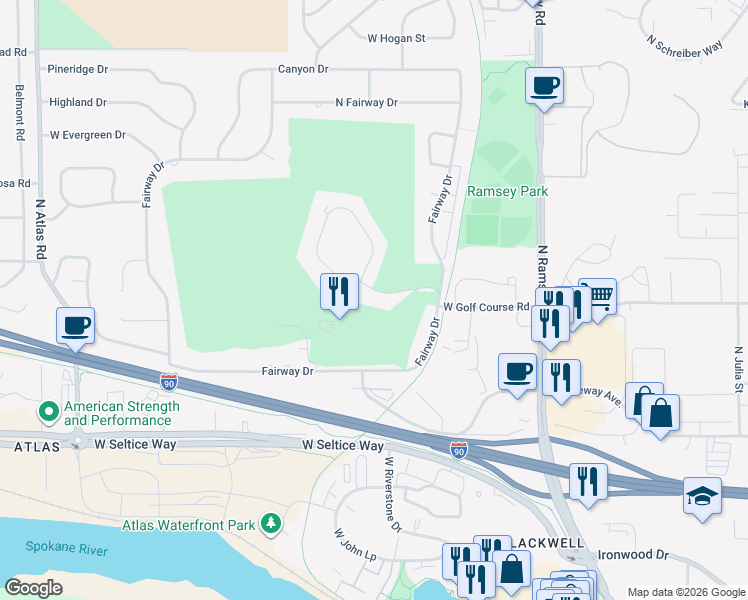 map of restaurants, bars, coffee shops, grocery stores, and more near 109 West Vista Drive in Coeur d'Alene