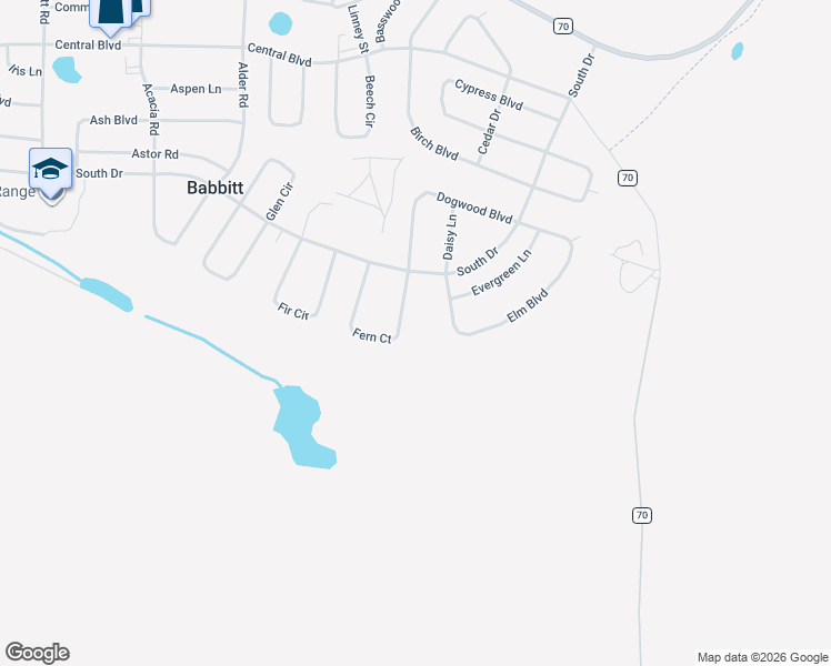 map of restaurants, bars, coffee shops, grocery stores, and more near 46 Fern Court in Babbitt