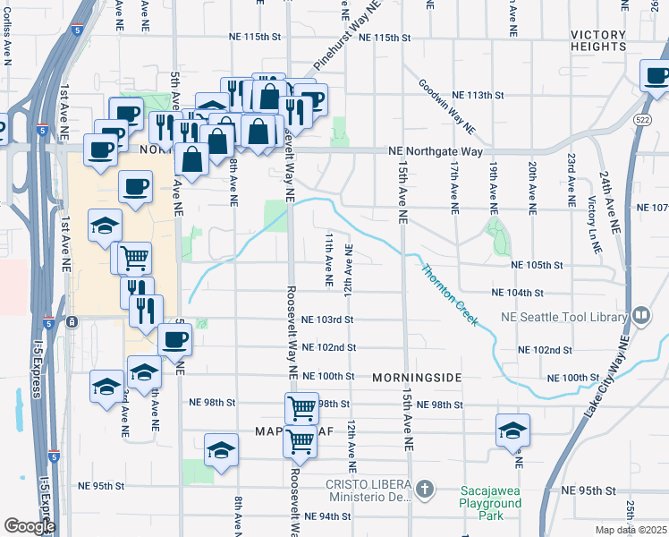 map of restaurants, bars, coffee shops, grocery stores, and more near 10416 11th Avenue Northeast in Seattle