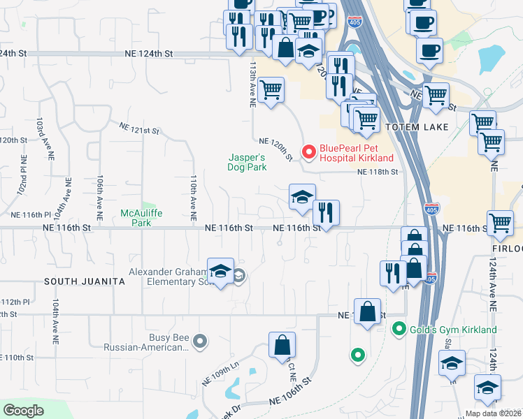 map of restaurants, bars, coffee shops, grocery stores, and more near 11315 Northeast 117th Place in Kirkland