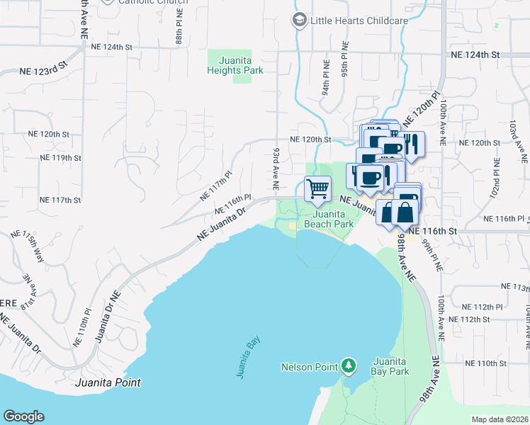 map of restaurants, bars, coffee shops, grocery stores, and more near 9201 Northeast Juanita Drive in Kirkland