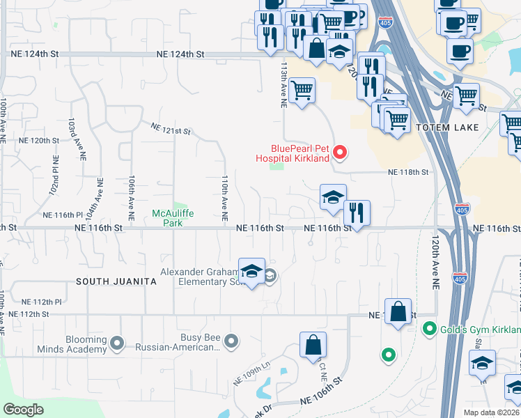 map of restaurants, bars, coffee shops, grocery stores, and more near 11215 Northeast 116th Place in Kirkland