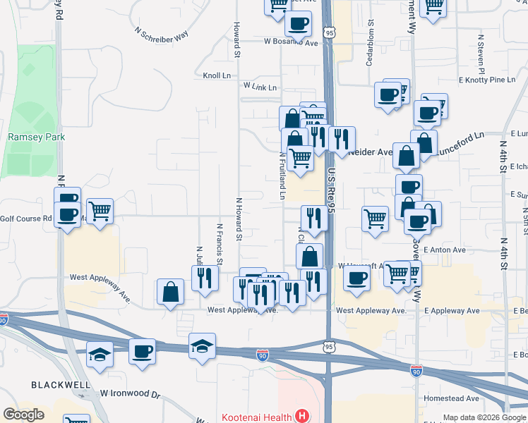 map of restaurants, bars, coffee shops, grocery stores, and more near 650 West Celtic Court in Coeur d'Alene