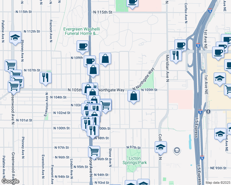 map of restaurants, bars, coffee shops, grocery stores, and more near 1319 North Northgate Way in Seattle